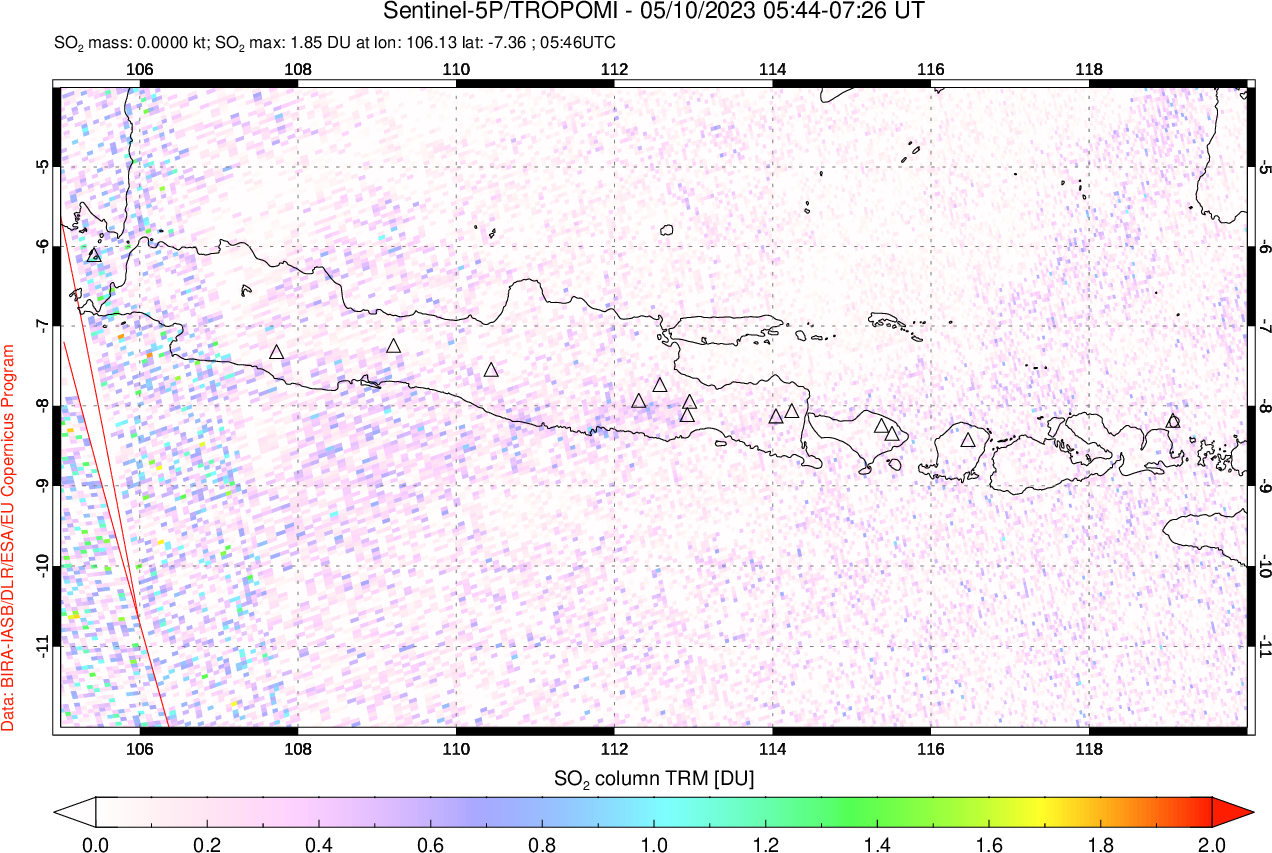 A sulfur dioxide image over Java, Indonesia on May 10, 2023.