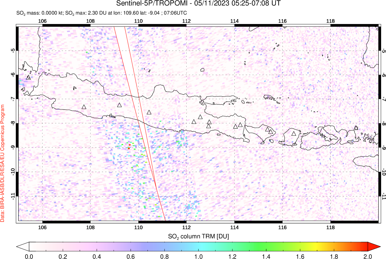 A sulfur dioxide image over Java, Indonesia on May 11, 2023.