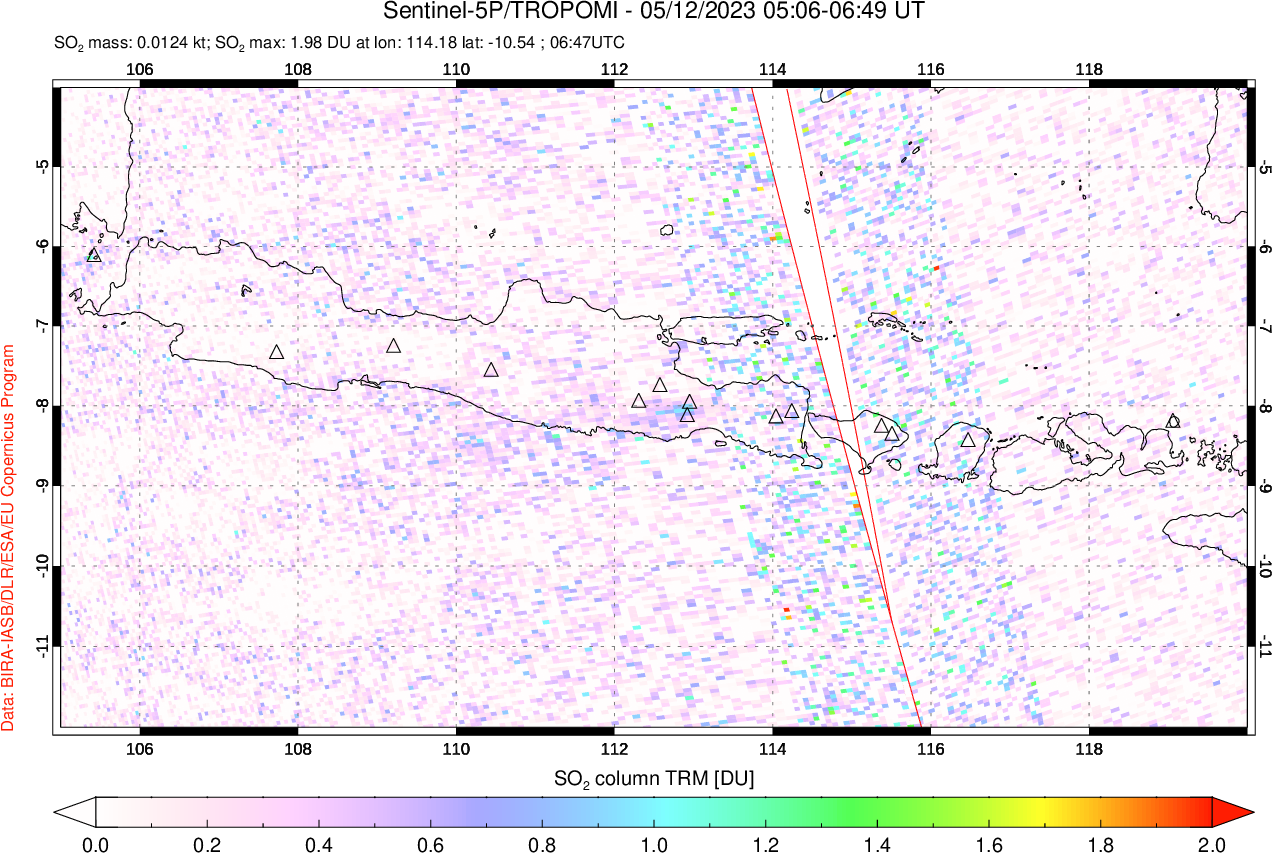 A sulfur dioxide image over Java, Indonesia on May 12, 2023.