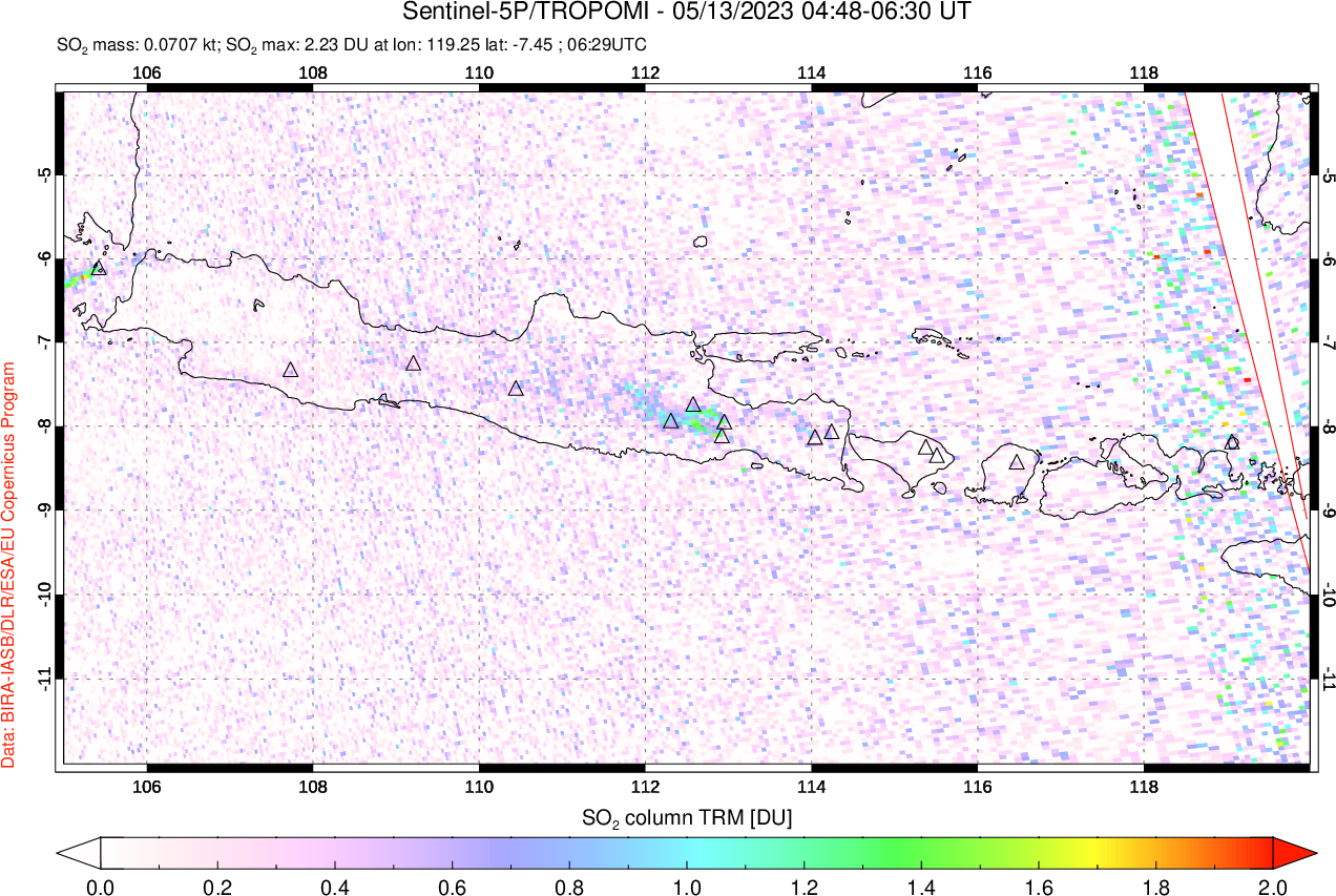 A sulfur dioxide image over Java, Indonesia on May 13, 2023.