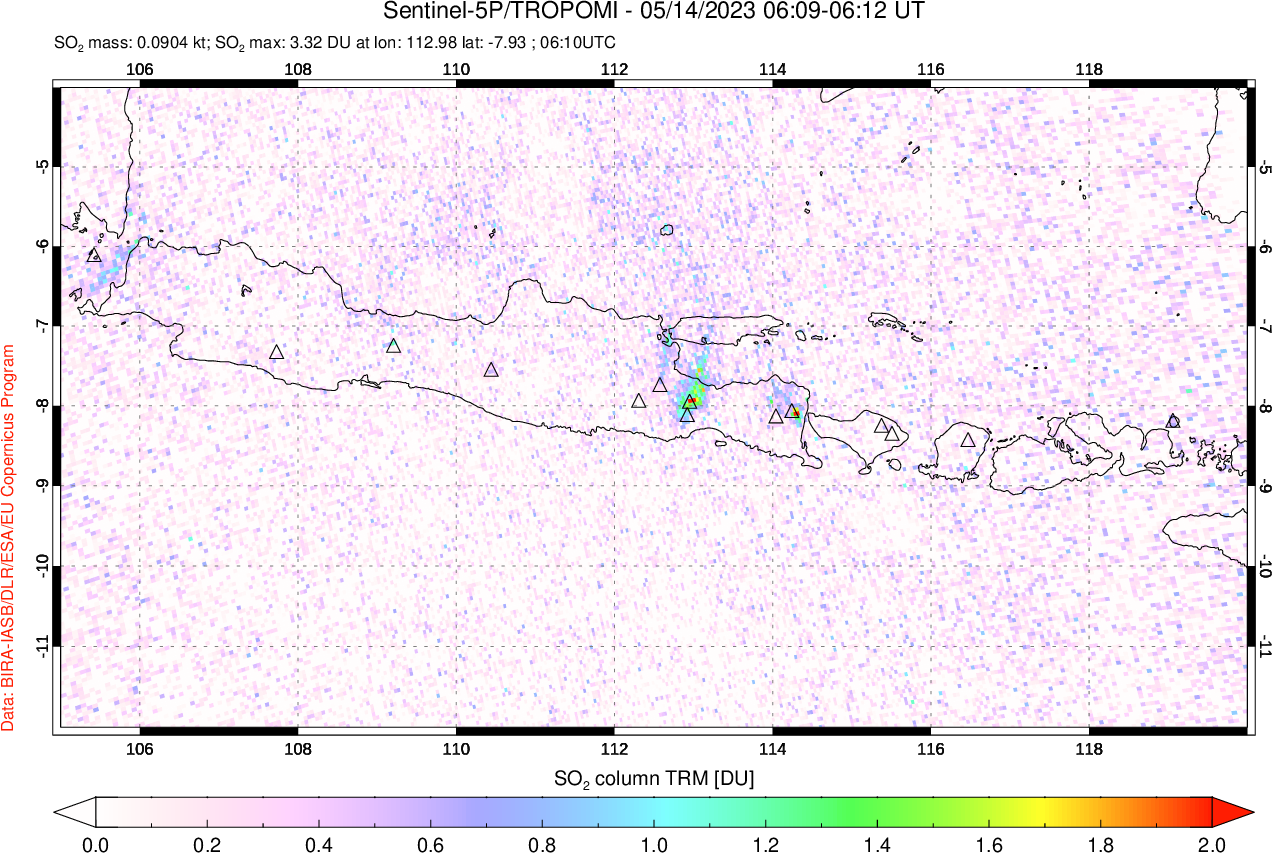 A sulfur dioxide image over Java, Indonesia on May 14, 2023.