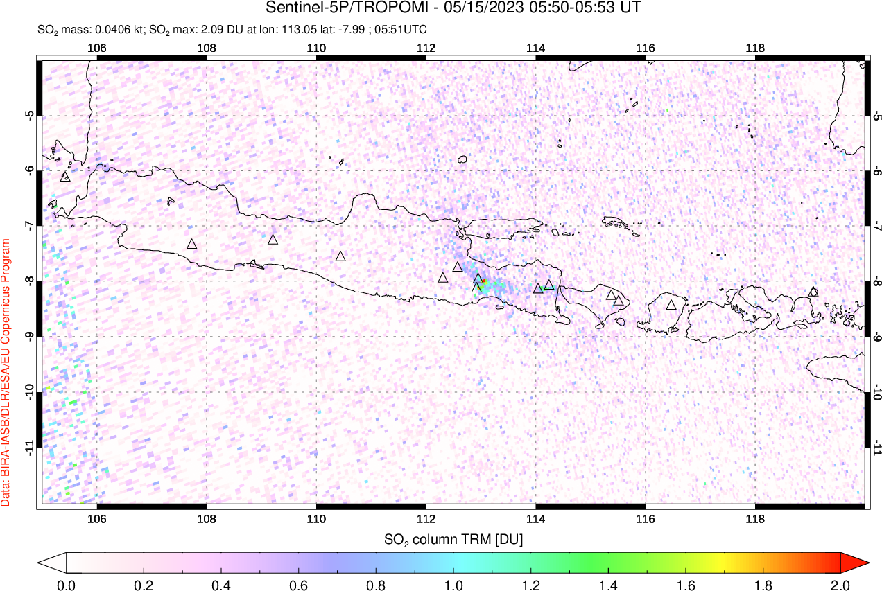 A sulfur dioxide image over Java, Indonesia on May 15, 2023.