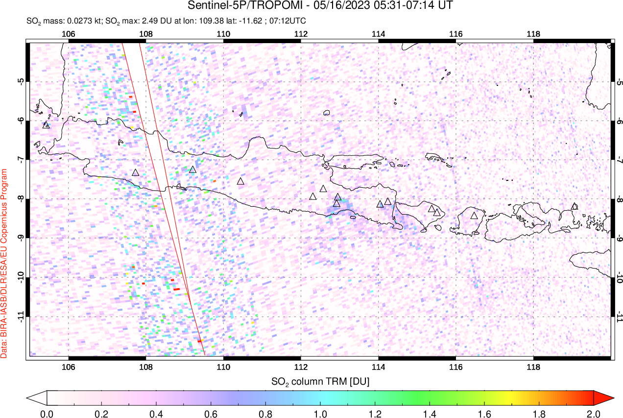 A sulfur dioxide image over Java, Indonesia on May 16, 2023.
