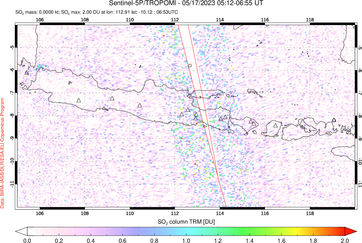 A sulfur dioxide image over Java, Indonesia on May 17, 2023.