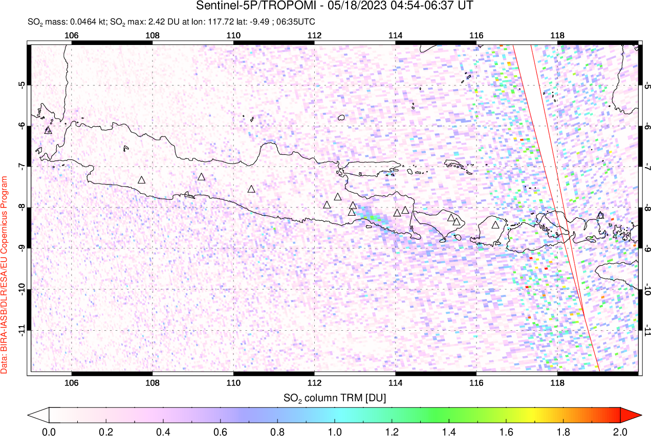 A sulfur dioxide image over Java, Indonesia on May 18, 2023.