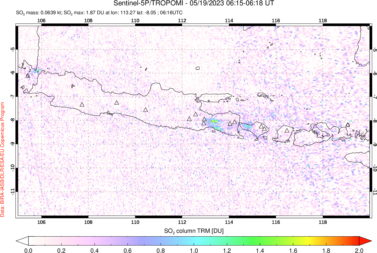 A sulfur dioxide image over Java, Indonesia on May 19, 2023.
