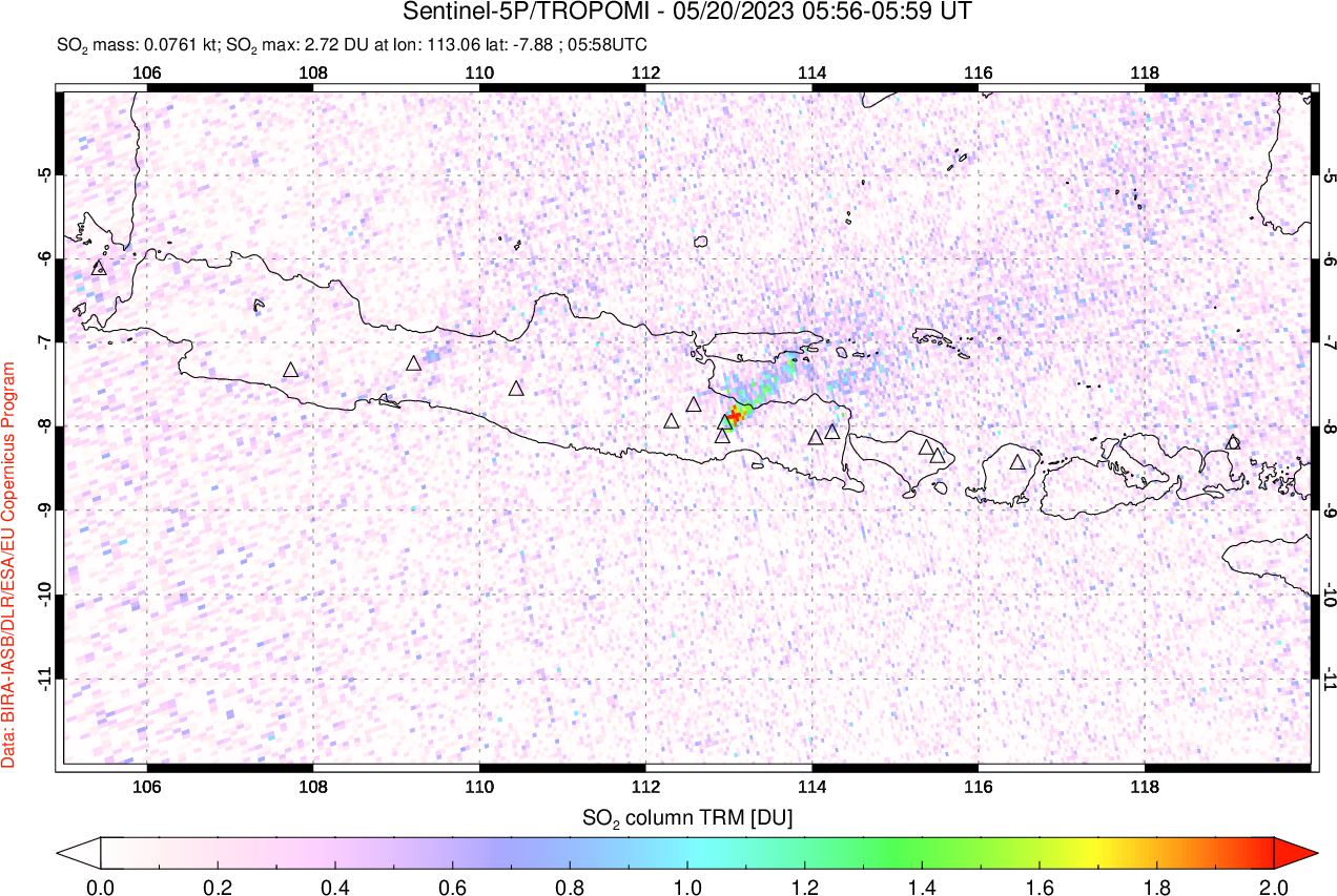 A sulfur dioxide image over Java, Indonesia on May 20, 2023.
