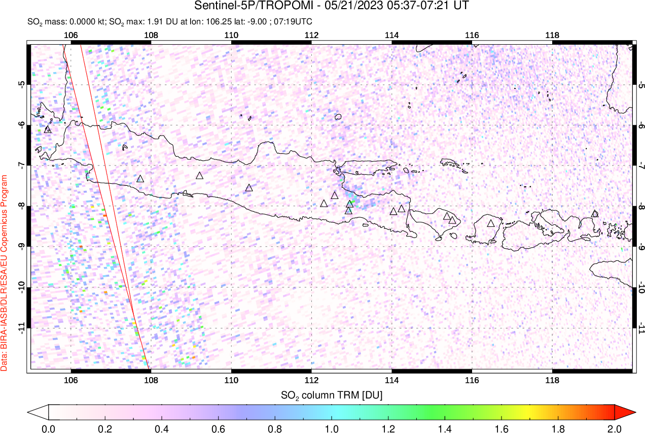 A sulfur dioxide image over Java, Indonesia on May 21, 2023.