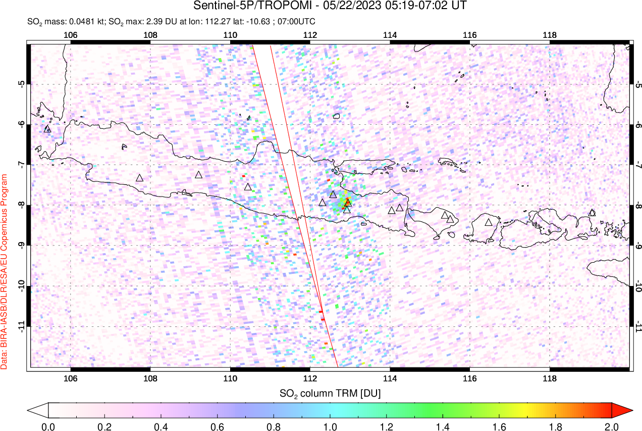 A sulfur dioxide image over Java, Indonesia on May 22, 2023.