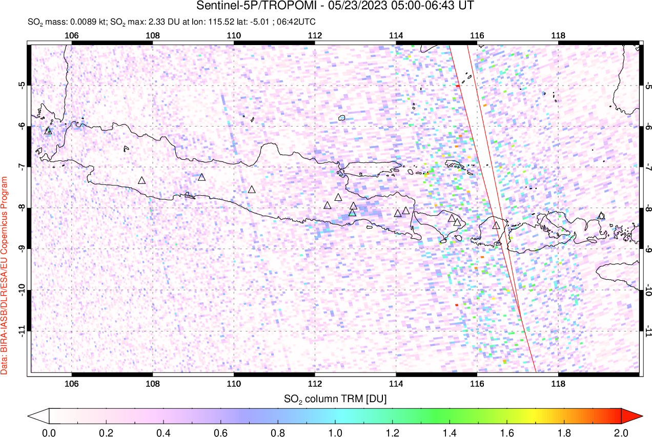 A sulfur dioxide image over Java, Indonesia on May 23, 2023.