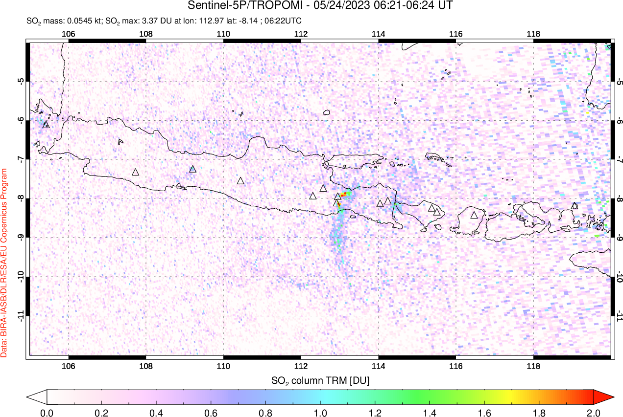 A sulfur dioxide image over Java, Indonesia on May 24, 2023.
