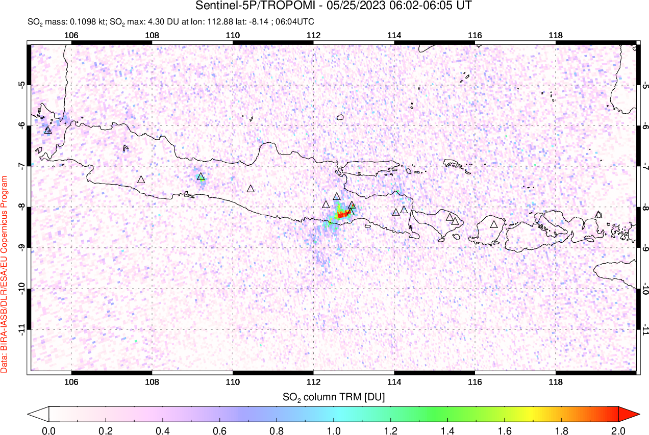 A sulfur dioxide image over Java, Indonesia on May 25, 2023.