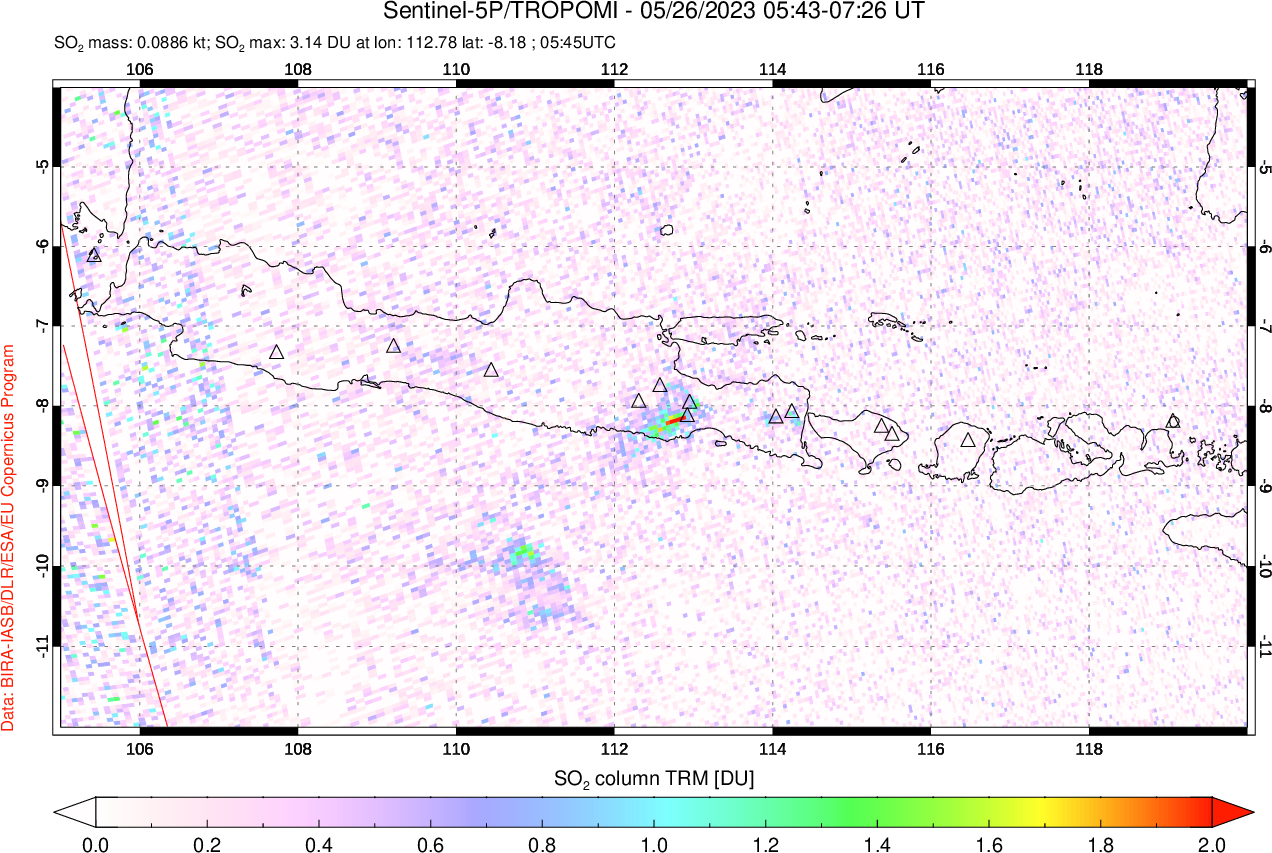 A sulfur dioxide image over Java, Indonesia on May 26, 2023.