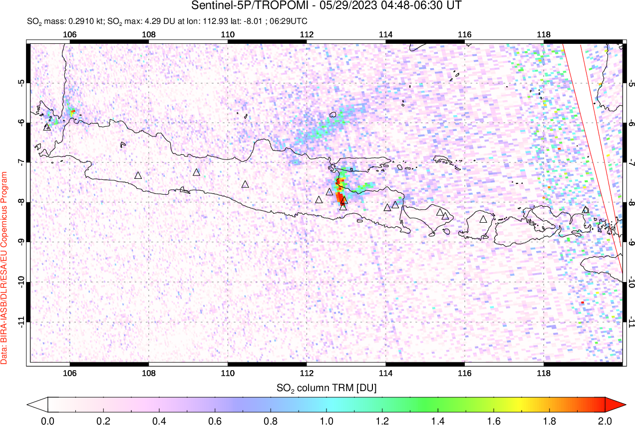 A sulfur dioxide image over Java, Indonesia on May 29, 2023.