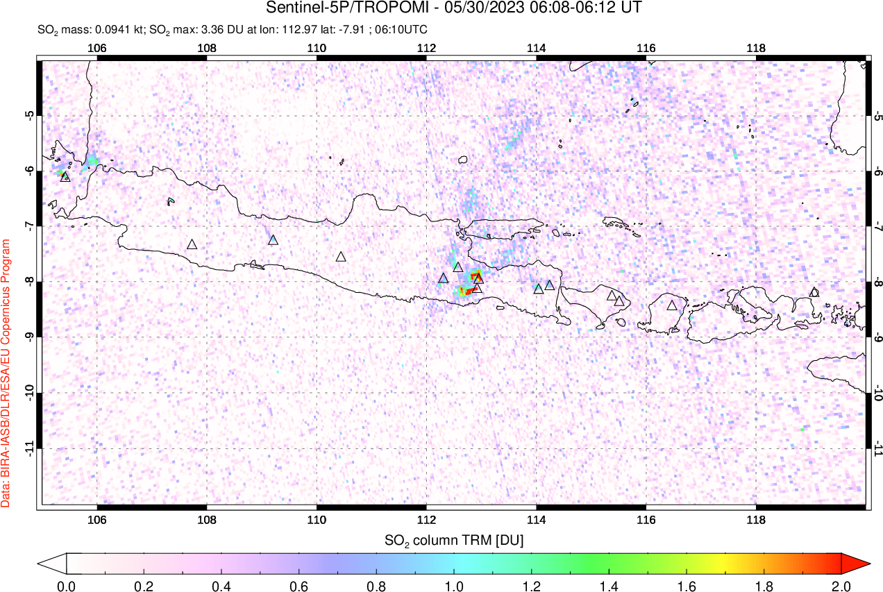 A sulfur dioxide image over Java, Indonesia on May 30, 2023.