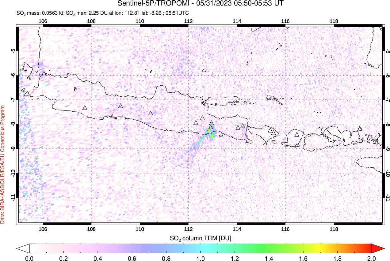A sulfur dioxide image over Java, Indonesia on May 31, 2023.