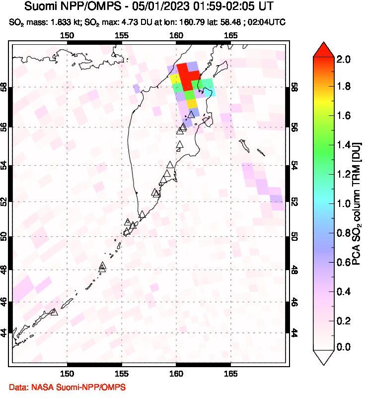 A sulfur dioxide image over Kamchatka, Russian Federation on May 01, 2023.