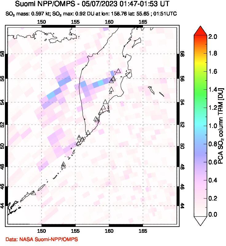 A sulfur dioxide image over Kamchatka, Russian Federation on May 07, 2023.
