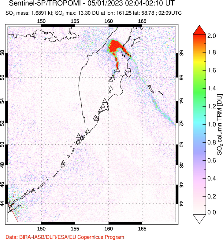 A sulfur dioxide image over Kamchatka, Russian Federation on May 01, 2023.