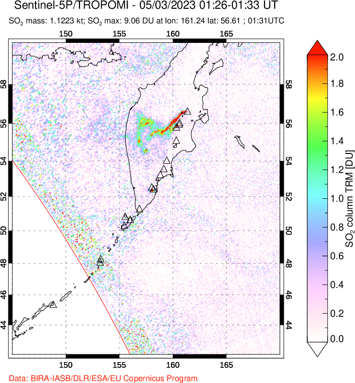 A sulfur dioxide image over Kamchatka, Russian Federation on May 03, 2023.