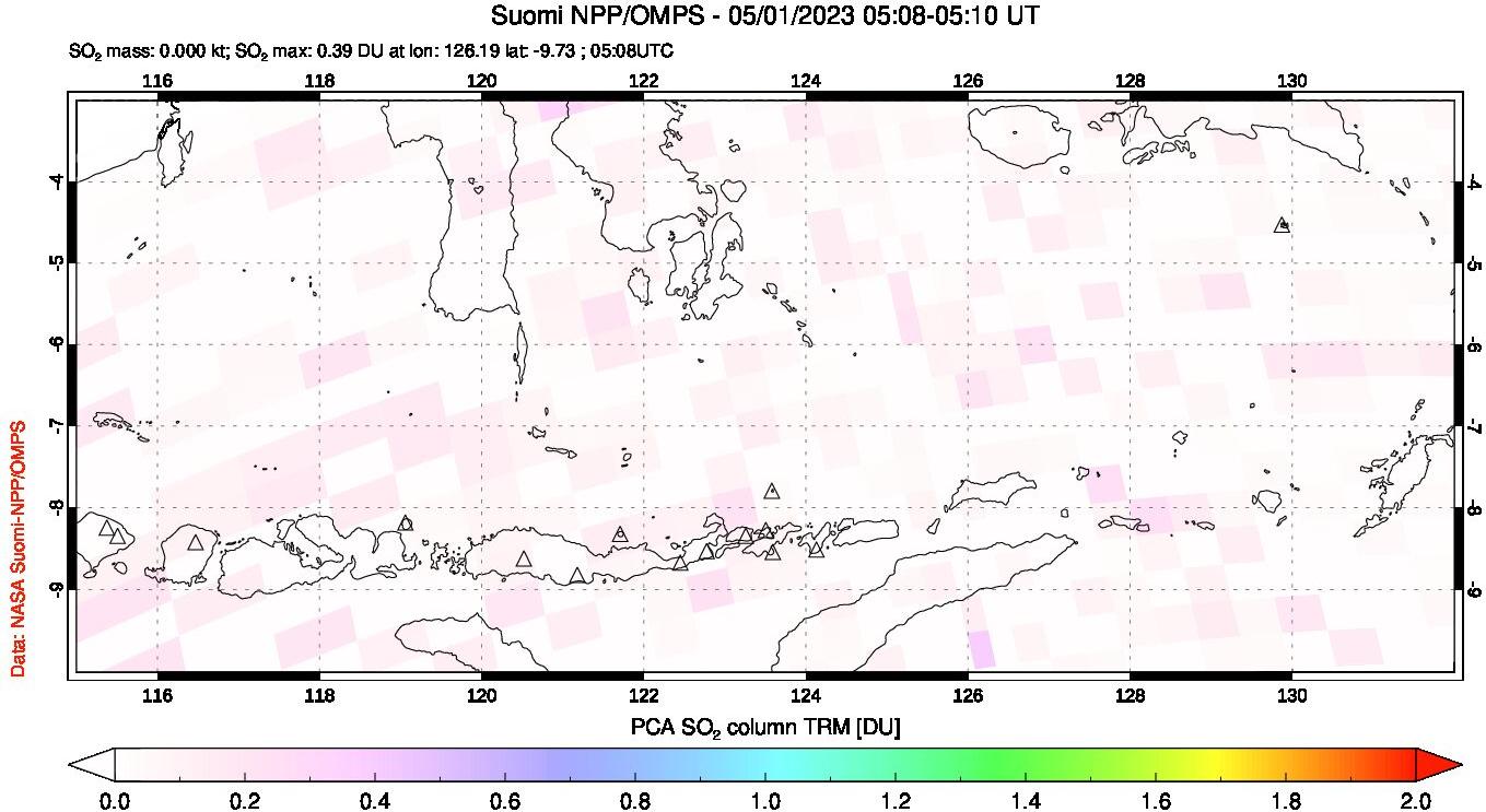 A sulfur dioxide image over Lesser Sunda Islands, Indonesia on May 01, 2023.