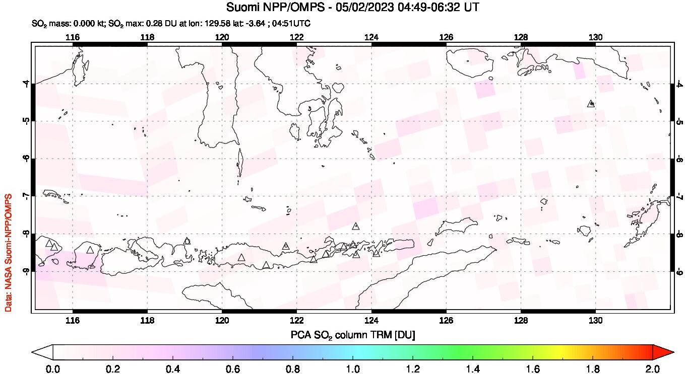 A sulfur dioxide image over Lesser Sunda Islands, Indonesia on May 02, 2023.