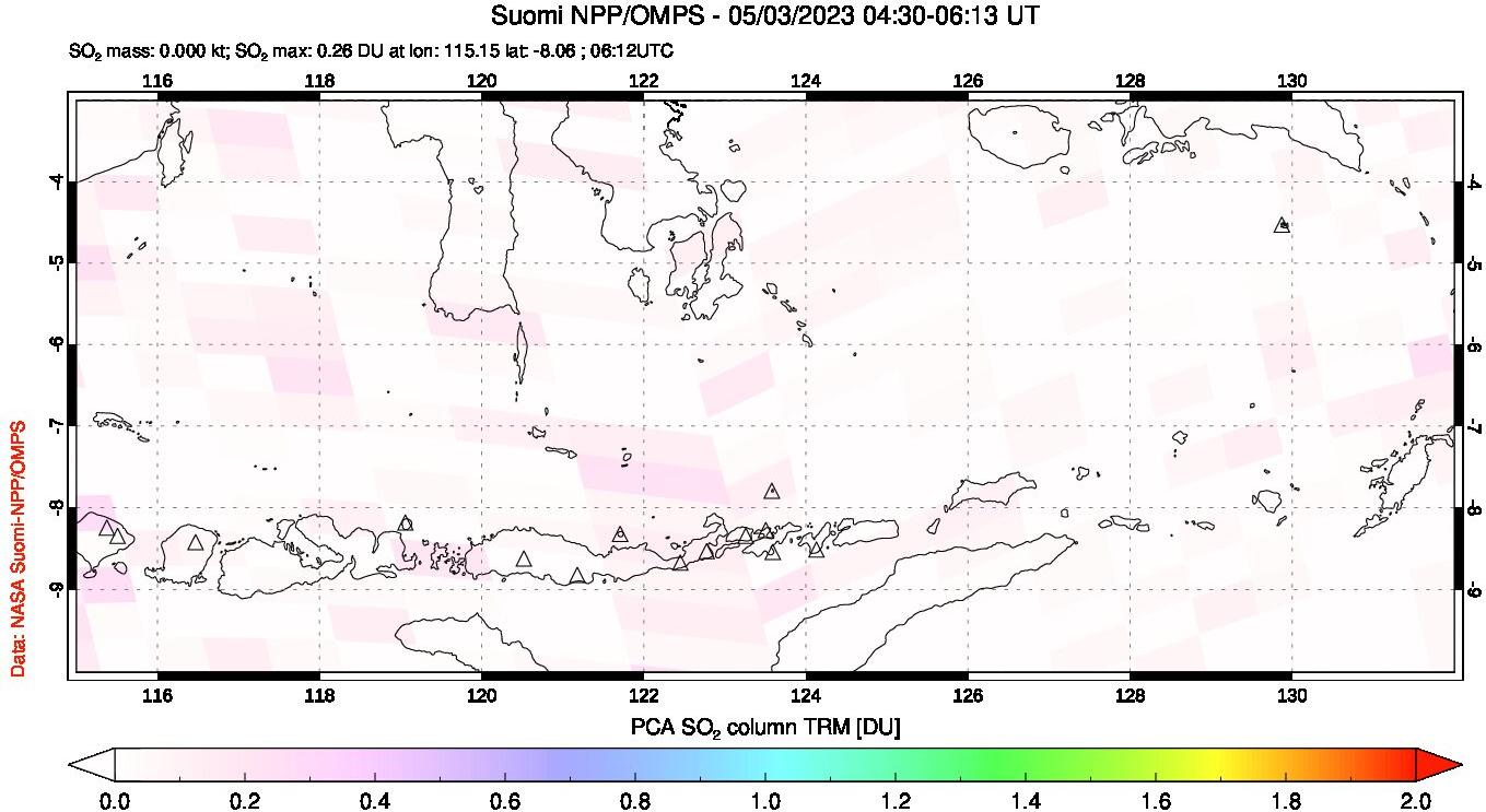 A sulfur dioxide image over Lesser Sunda Islands, Indonesia on May 03, 2023.