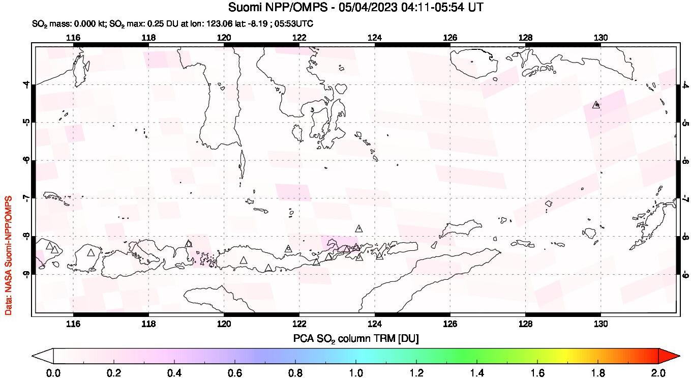 A sulfur dioxide image over Lesser Sunda Islands, Indonesia on May 04, 2023.