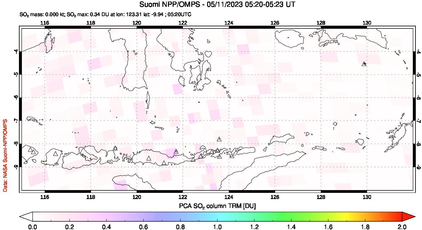 A sulfur dioxide image over Lesser Sunda Islands, Indonesia on May 11, 2023.