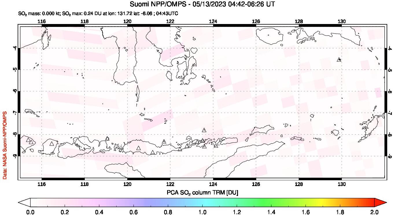 A sulfur dioxide image over Lesser Sunda Islands, Indonesia on May 13, 2023.