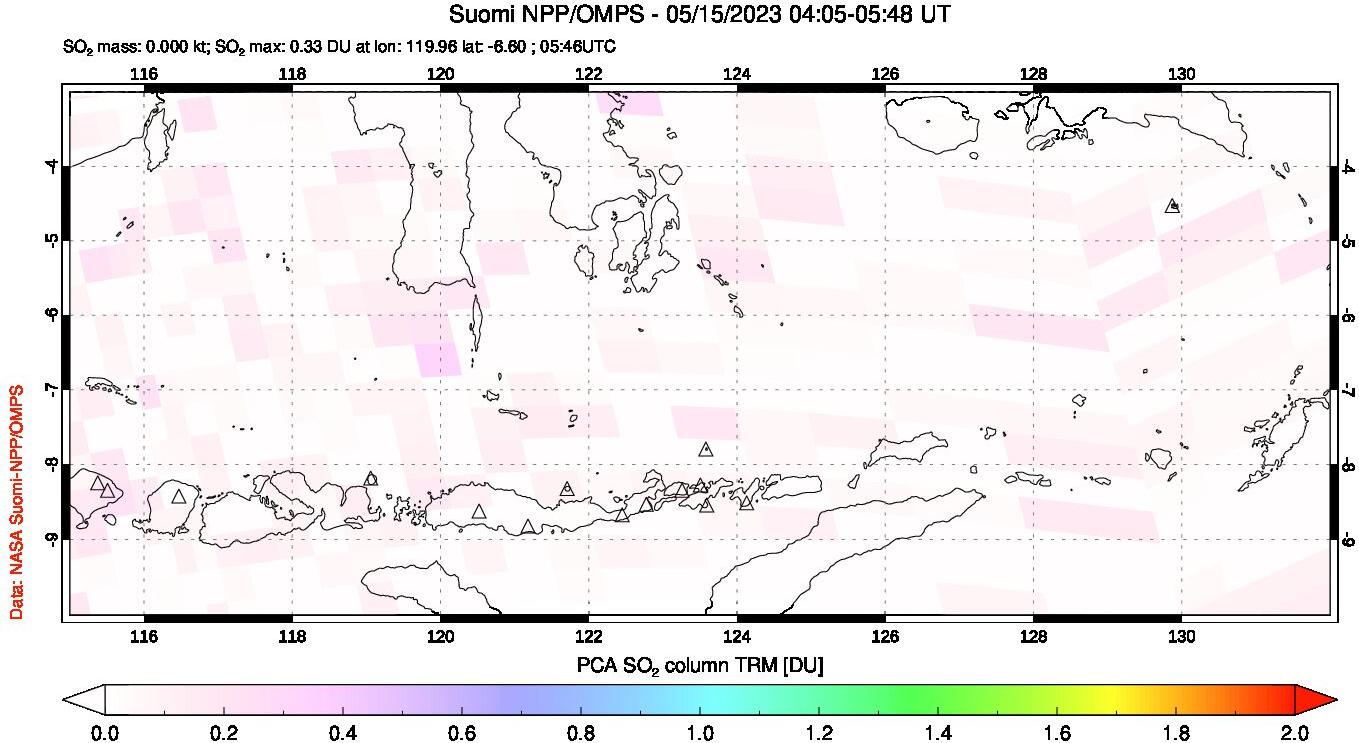 A sulfur dioxide image over Lesser Sunda Islands, Indonesia on May 15, 2023.