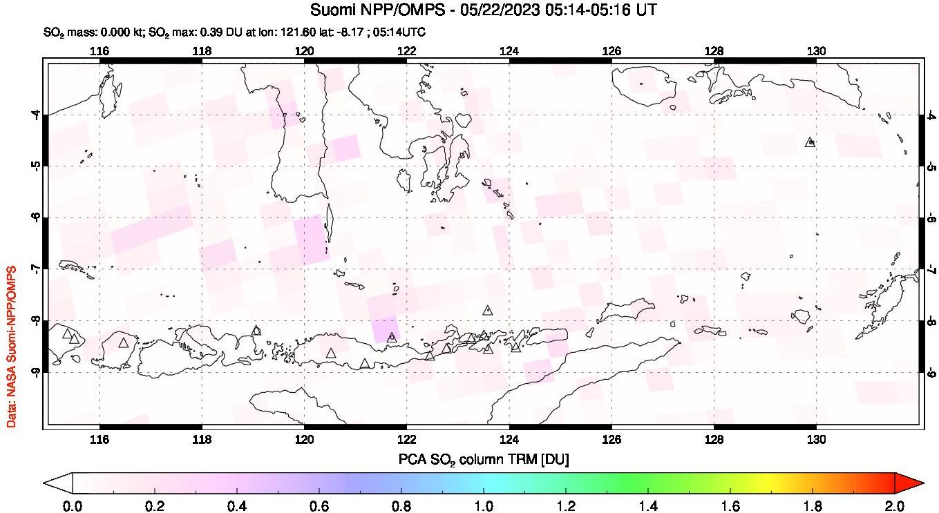 A sulfur dioxide image over Lesser Sunda Islands, Indonesia on May 22, 2023.