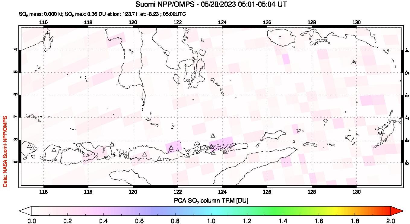 A sulfur dioxide image over Lesser Sunda Islands, Indonesia on May 28, 2023.