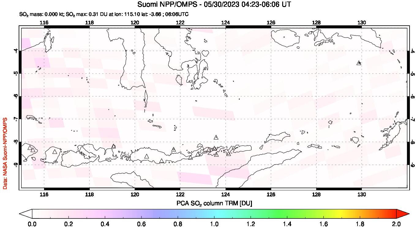 A sulfur dioxide image over Lesser Sunda Islands, Indonesia on May 30, 2023.