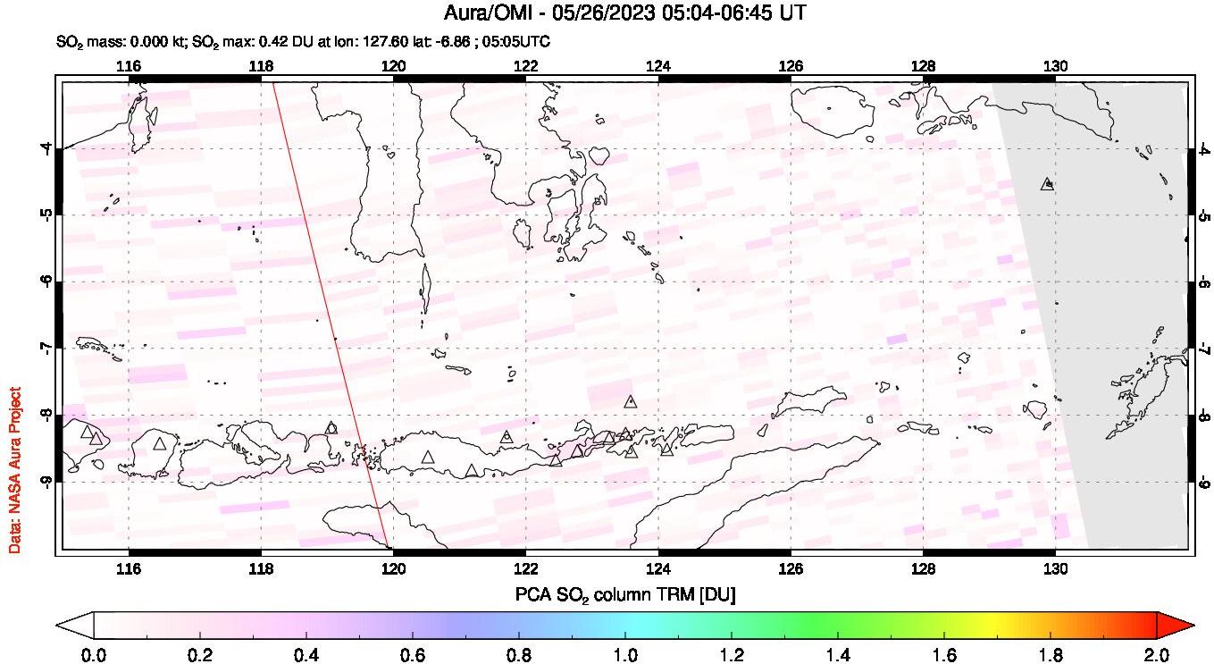 A sulfur dioxide image over Lesser Sunda Islands, Indonesia on May 26, 2023.