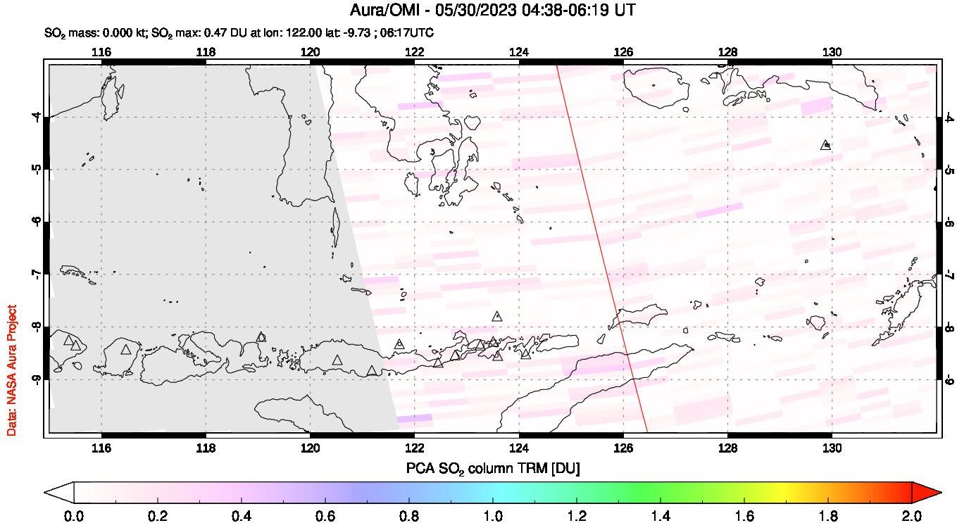 A sulfur dioxide image over Lesser Sunda Islands, Indonesia on May 30, 2023.