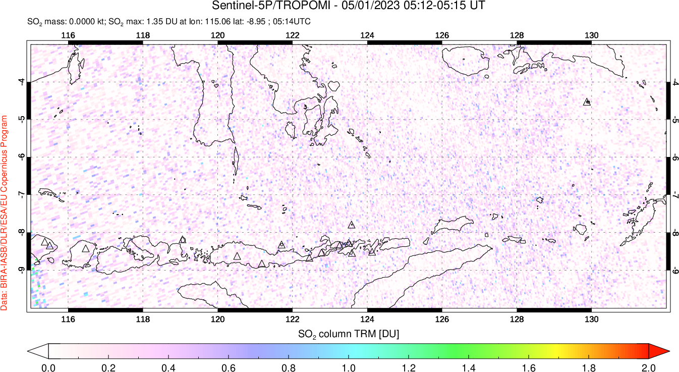 A sulfur dioxide image over Lesser Sunda Islands, Indonesia on May 01, 2023.