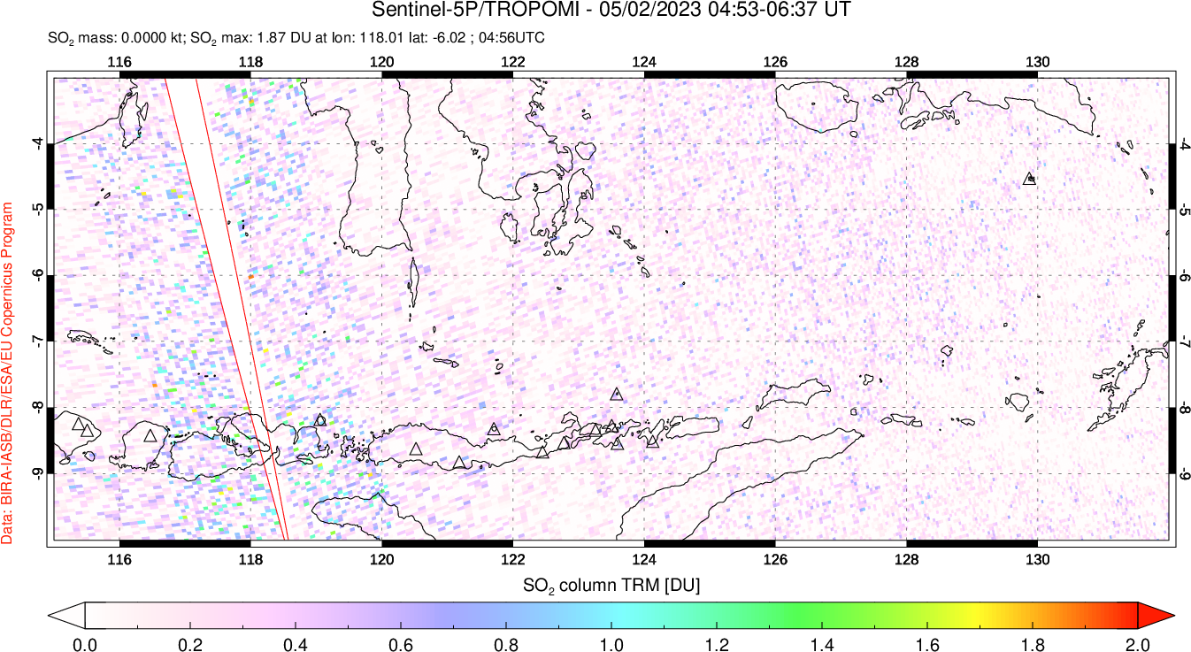 A sulfur dioxide image over Lesser Sunda Islands, Indonesia on May 02, 2023.