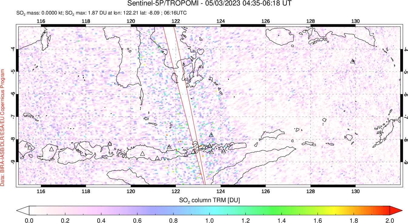 A sulfur dioxide image over Lesser Sunda Islands, Indonesia on May 03, 2023.