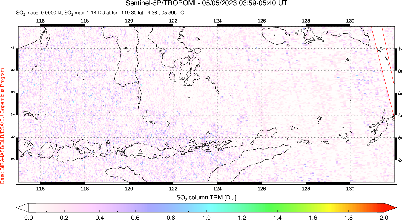 A sulfur dioxide image over Lesser Sunda Islands, Indonesia on May 05, 2023.