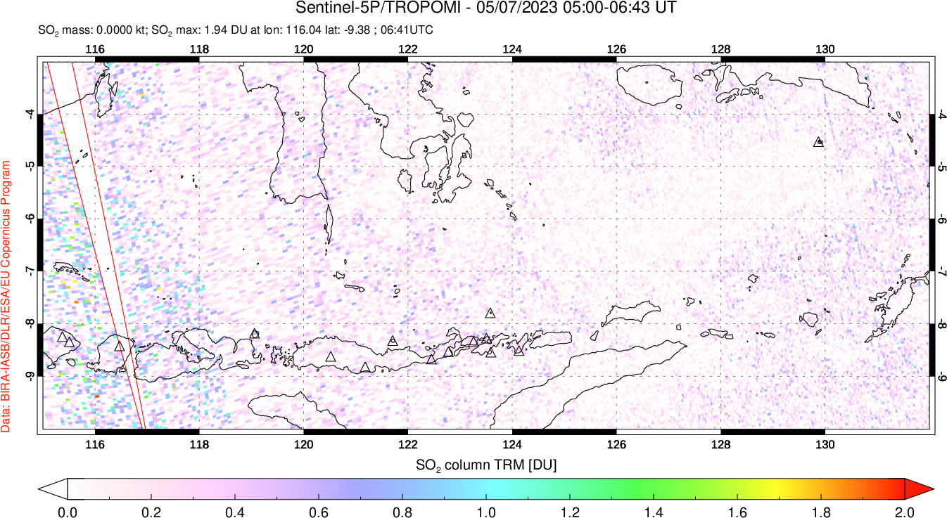 A sulfur dioxide image over Lesser Sunda Islands, Indonesia on May 07, 2023.