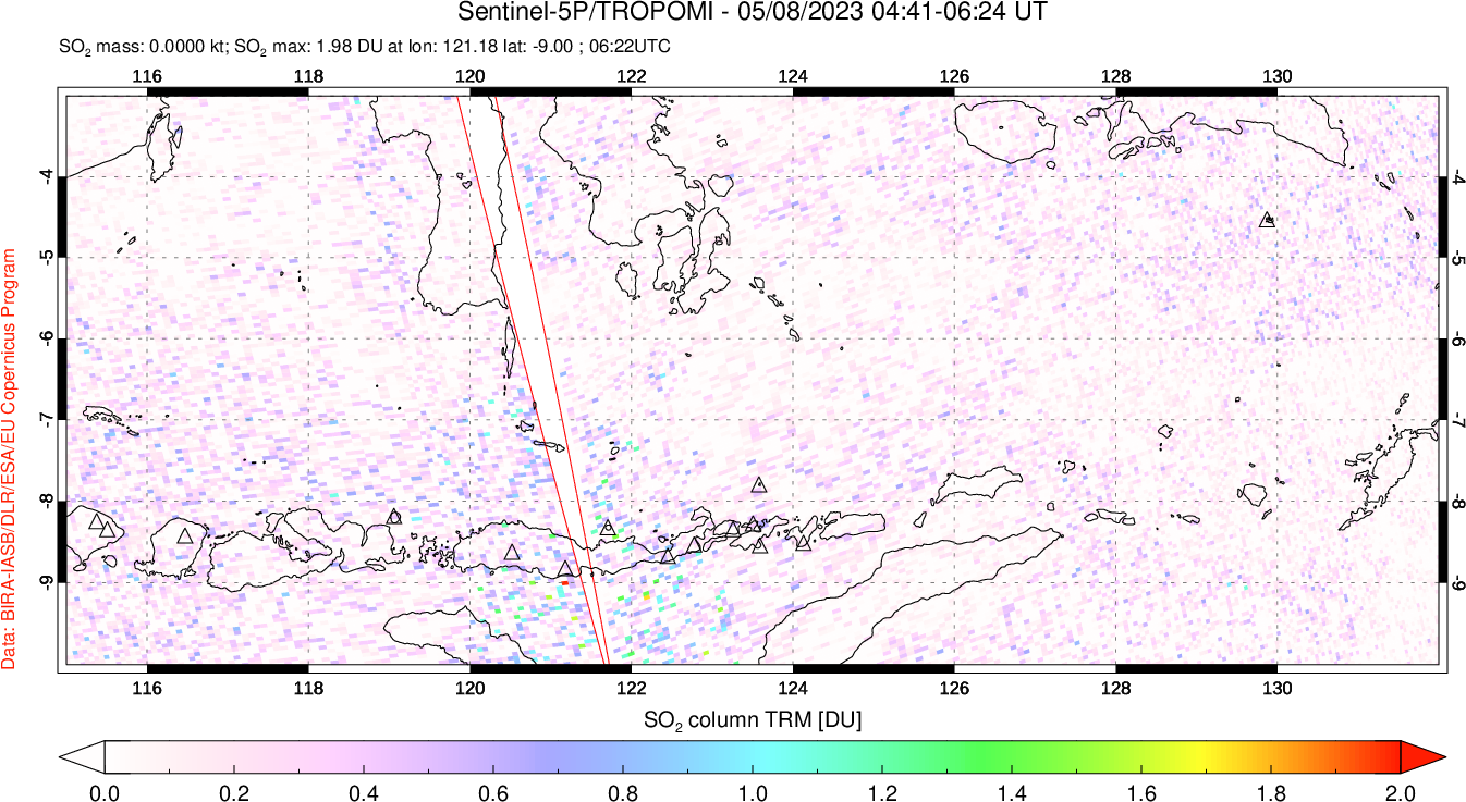 A sulfur dioxide image over Lesser Sunda Islands, Indonesia on May 08, 2023.
