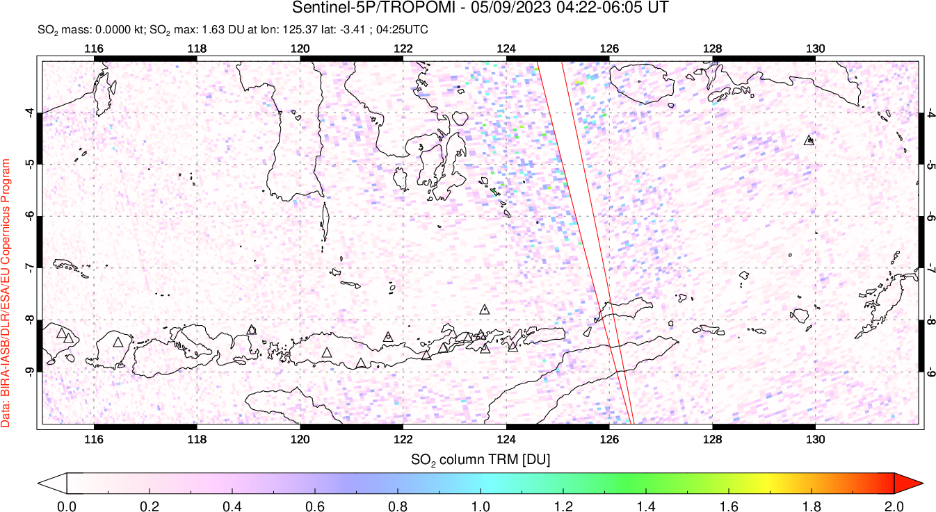 A sulfur dioxide image over Lesser Sunda Islands, Indonesia on May 09, 2023.