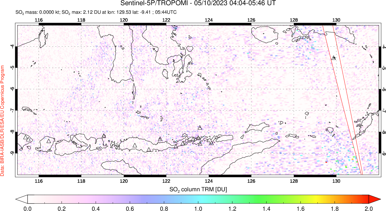A sulfur dioxide image over Lesser Sunda Islands, Indonesia on May 10, 2023.