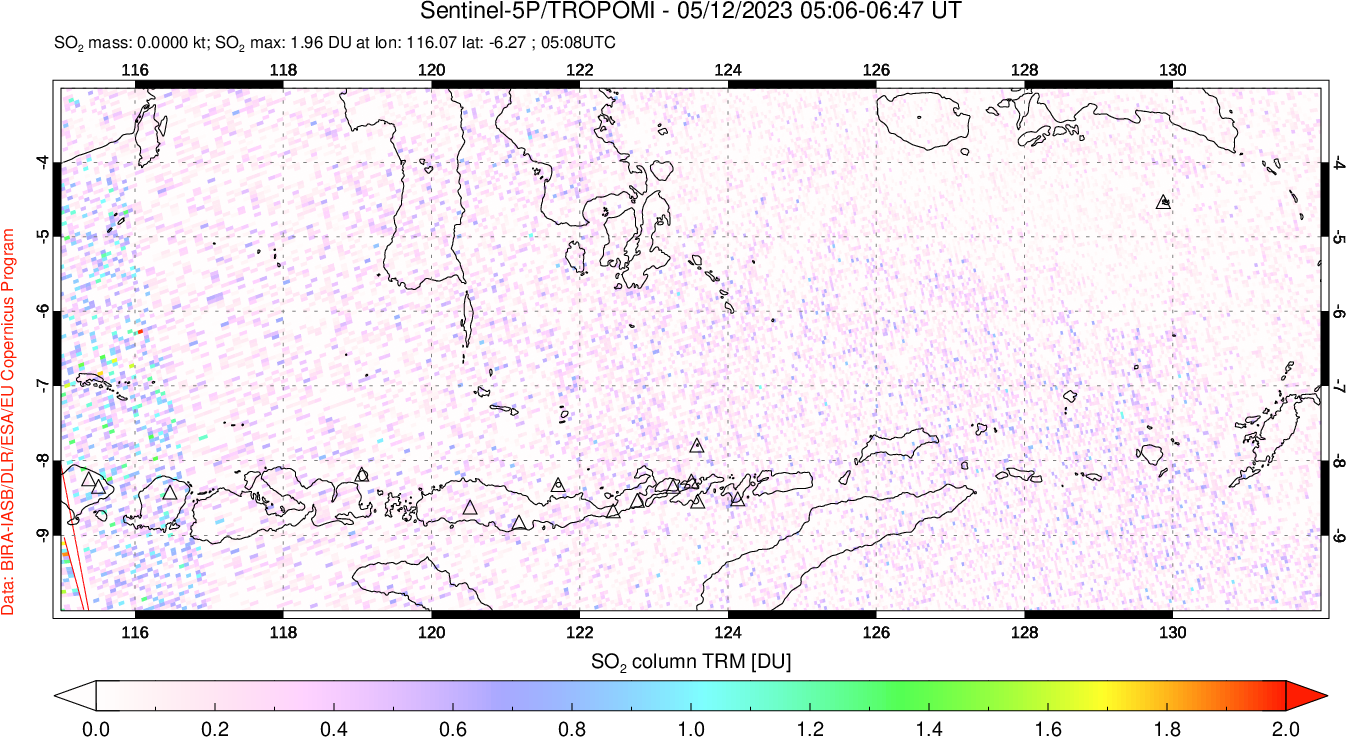 A sulfur dioxide image over Lesser Sunda Islands, Indonesia on May 12, 2023.