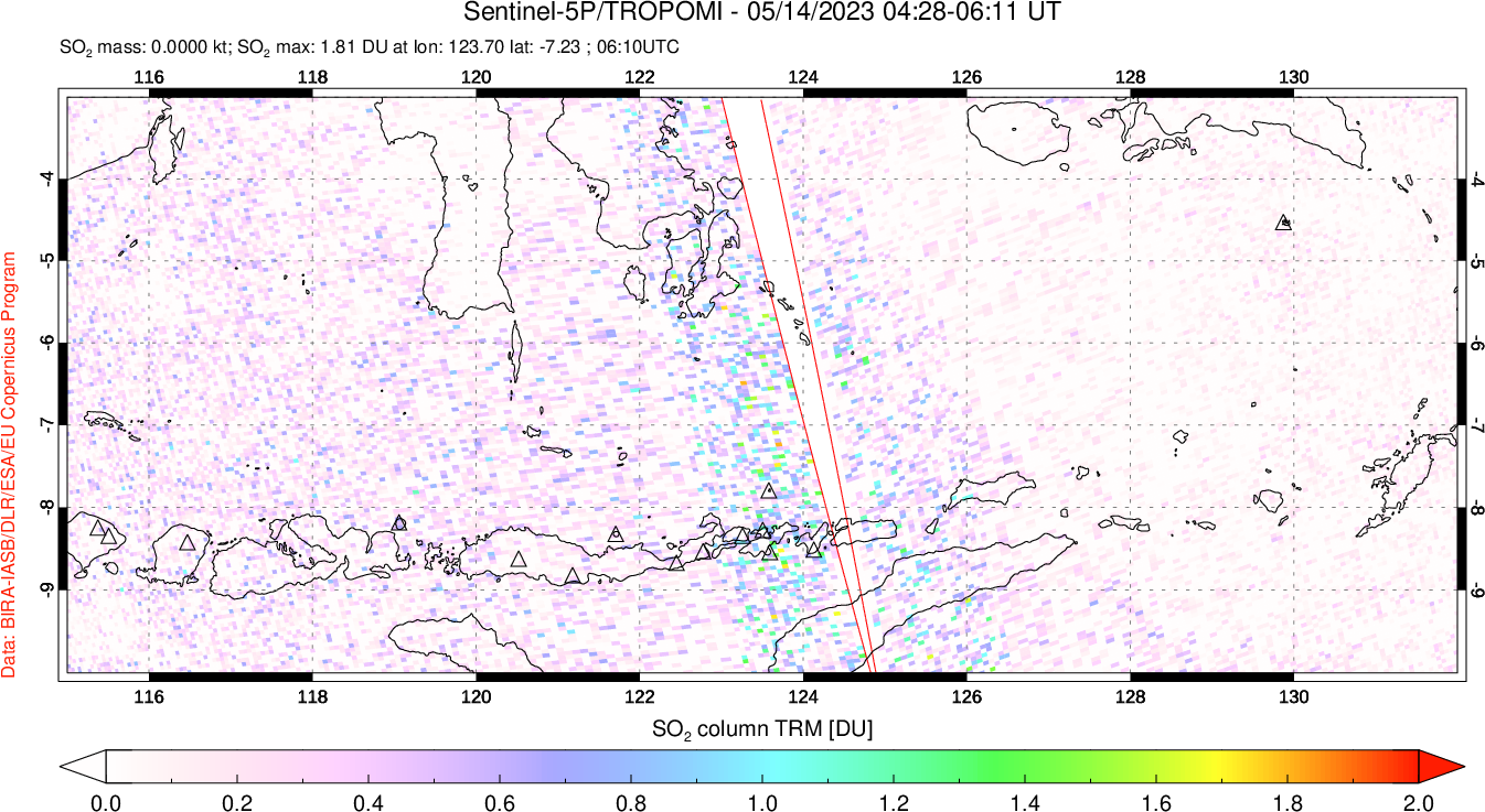 A sulfur dioxide image over Lesser Sunda Islands, Indonesia on May 14, 2023.