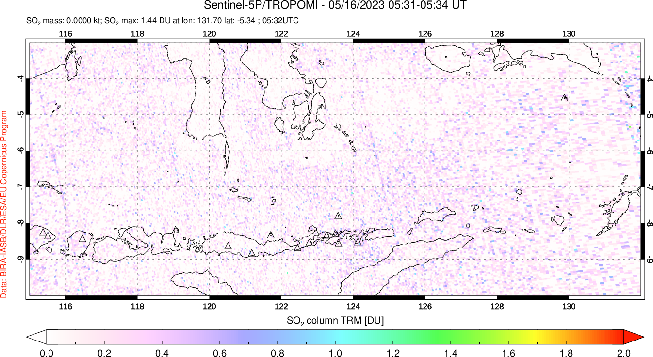 A sulfur dioxide image over Lesser Sunda Islands, Indonesia on May 16, 2023.