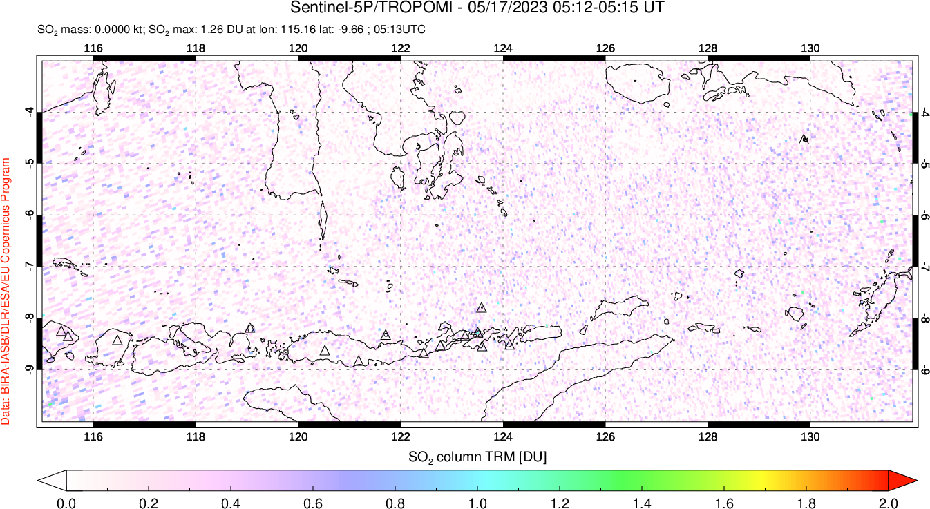 A sulfur dioxide image over Lesser Sunda Islands, Indonesia on May 17, 2023.