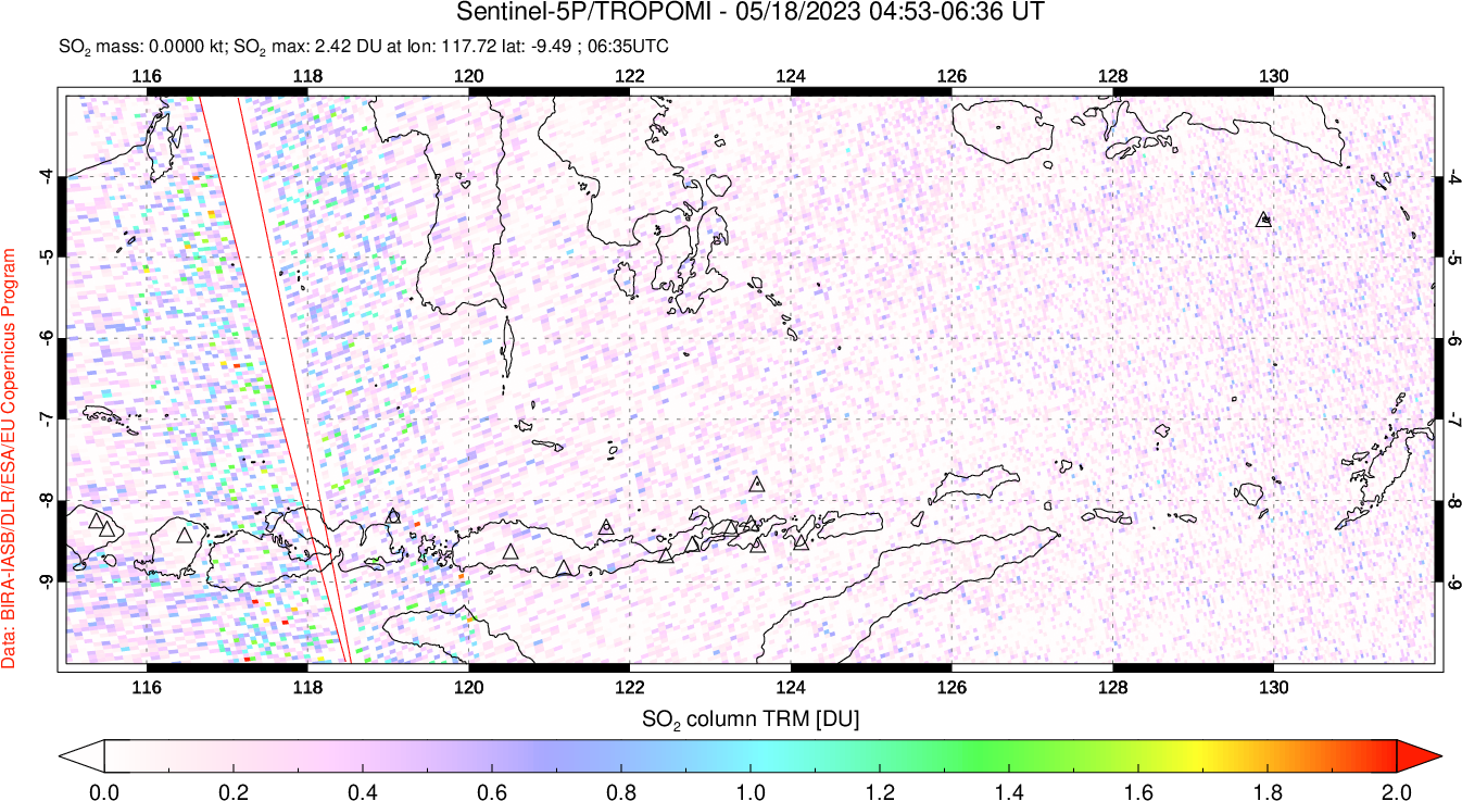 A sulfur dioxide image over Lesser Sunda Islands, Indonesia on May 18, 2023.