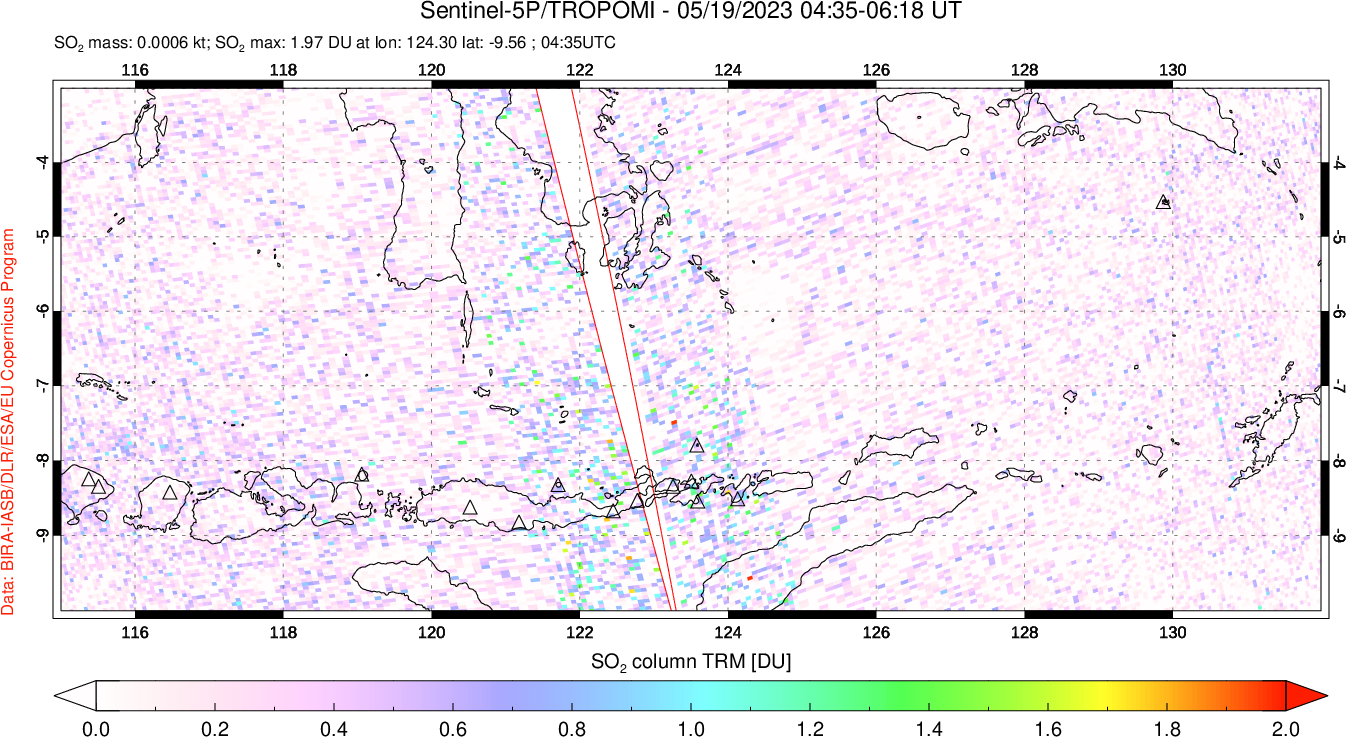 A sulfur dioxide image over Lesser Sunda Islands, Indonesia on May 19, 2023.